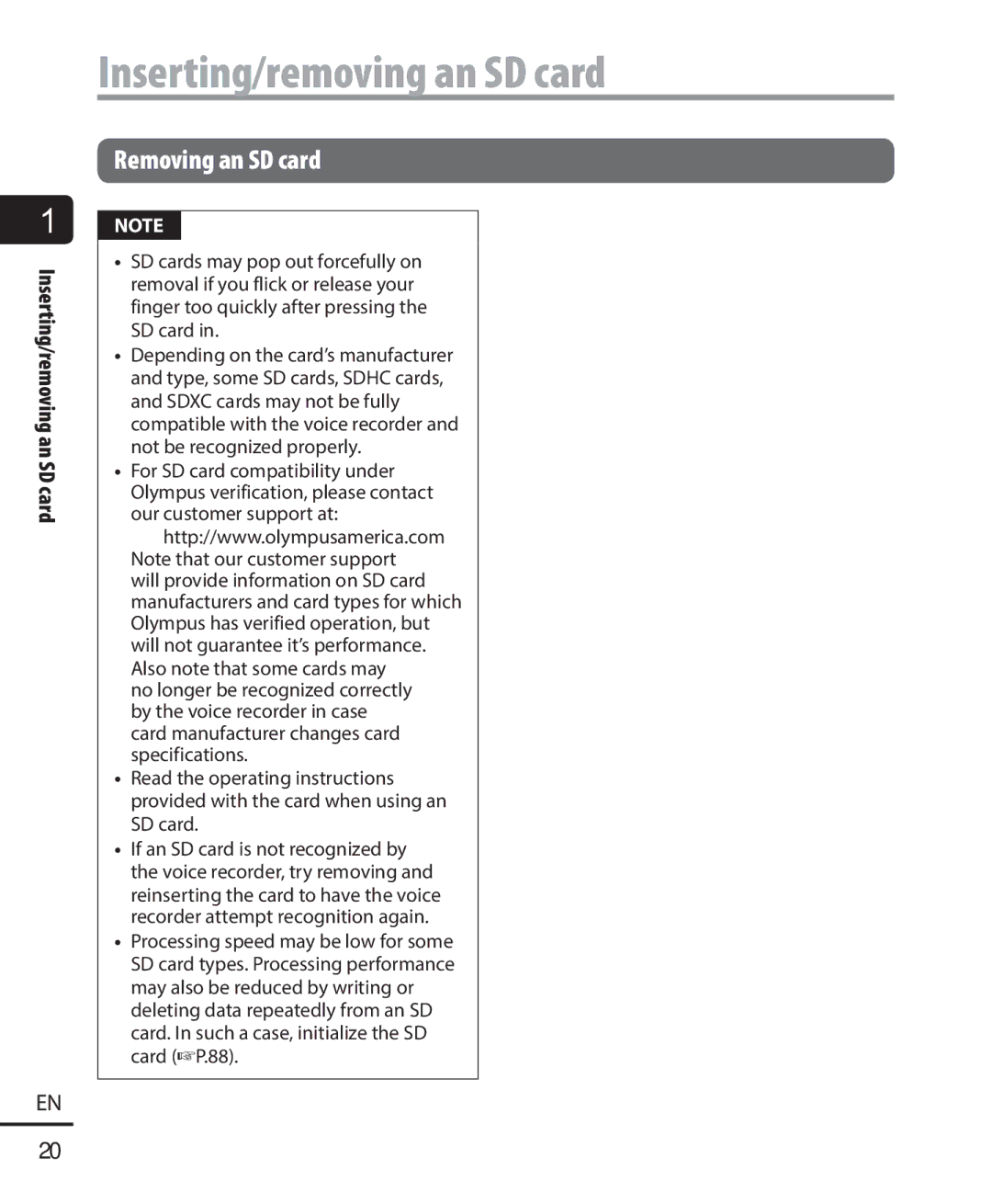 Olympus DM-901 user manual Inserting/removing an SD card 