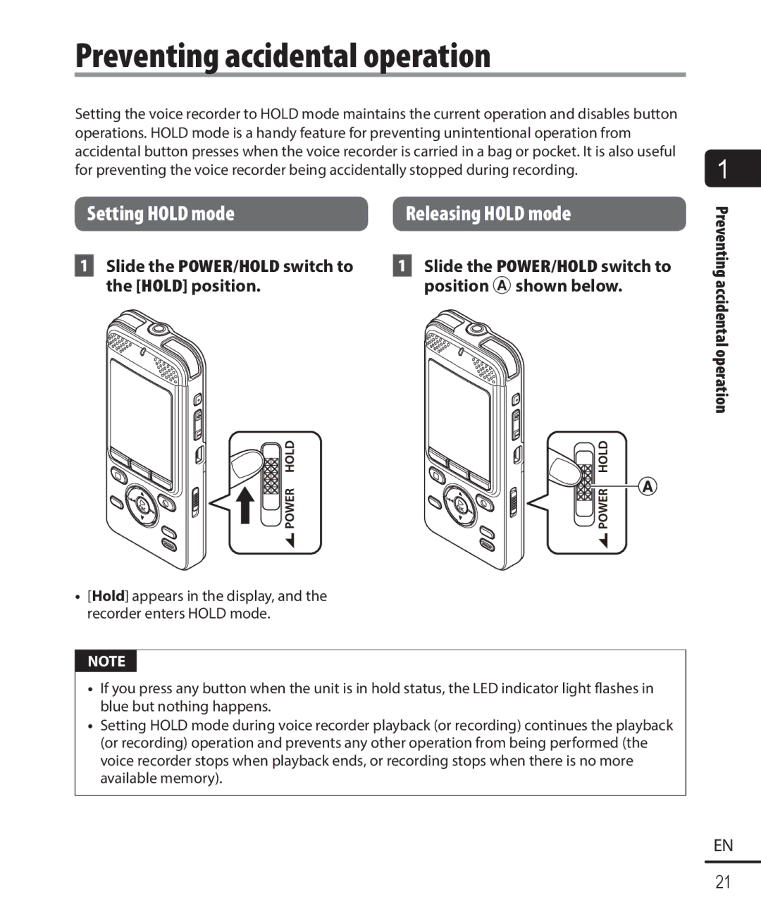 Olympus DM-901 Preventing accidental operation, Setting Hold mode Releasing Hold mode, Slide the POWER/HOLD switch to 