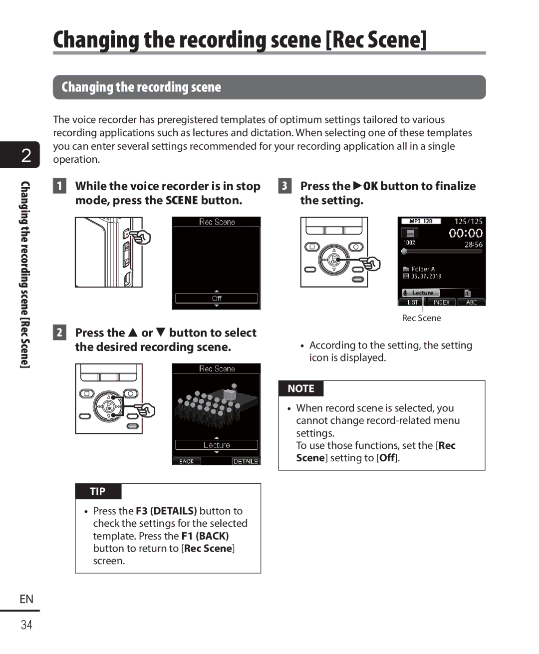 Olympus DM-901 Changing the recording scene Rec Scene, Press the 2or 3button to select the desired recording scene 