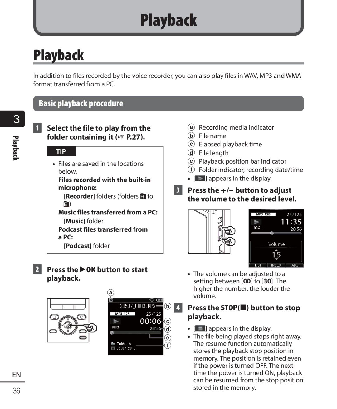 Olympus DM-901 user manual Playback, Basic playback procedure, Press the `OK button to start playback 