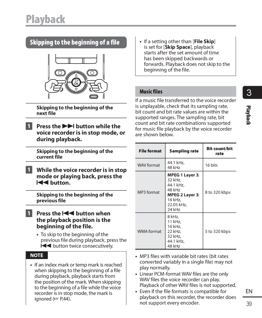 Olympus DM-901 Music files, Skipping to the beginning of the next file, Skipping to the beginning of the current file 