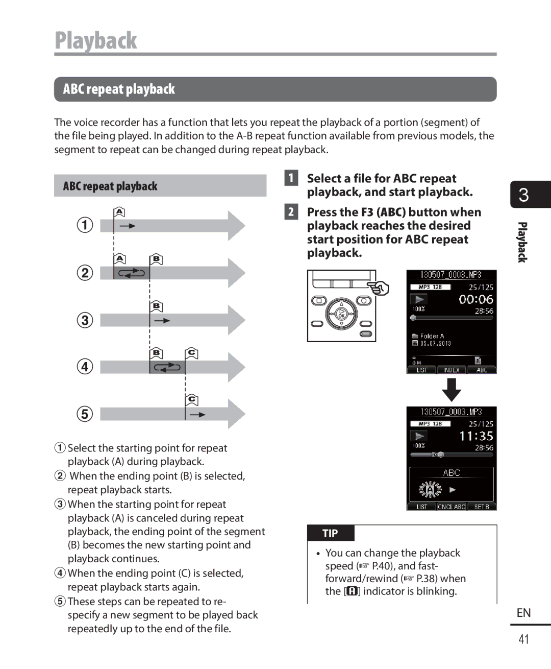 Olympus DM-901 user manual Select a file for ABC repeat playback, and start playback 