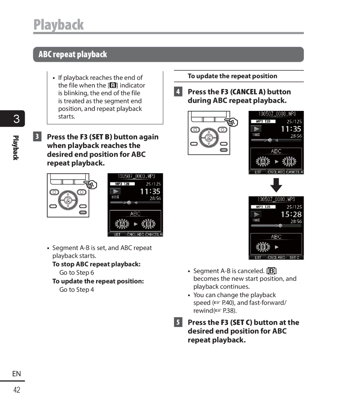 Olympus DM-901 user manual Segment A-B is set, and ABC repeat playback starts 