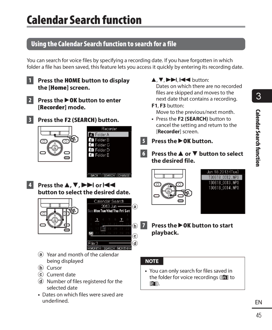 Olympus DM-901 user manual Using the Calendar Search function to search for a file, 9, 0button 