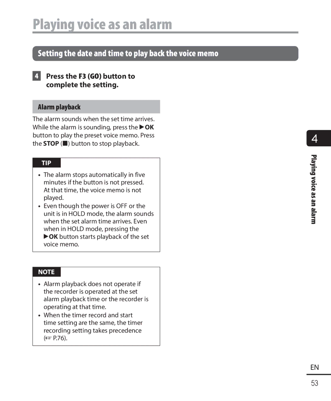 Olympus DM-901 user manual Playing voice as an alarm, Alarm playback, Press the F3 GO button to complete the setting 