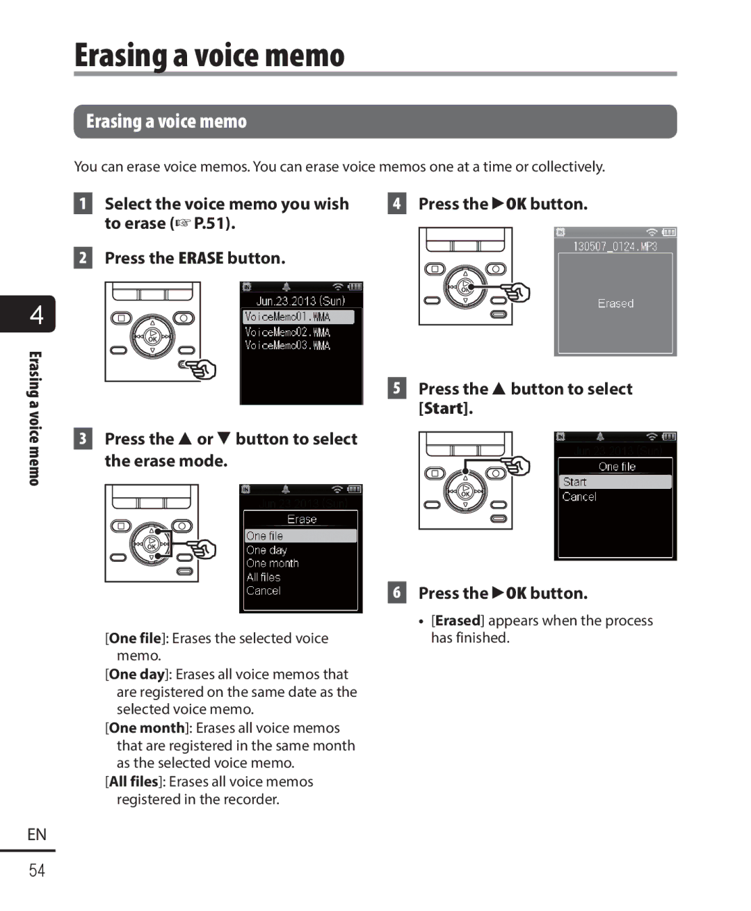 Olympus DM-901 user manual Erasing a voice memo, Select the voice memo you wish, Press the `OK button 