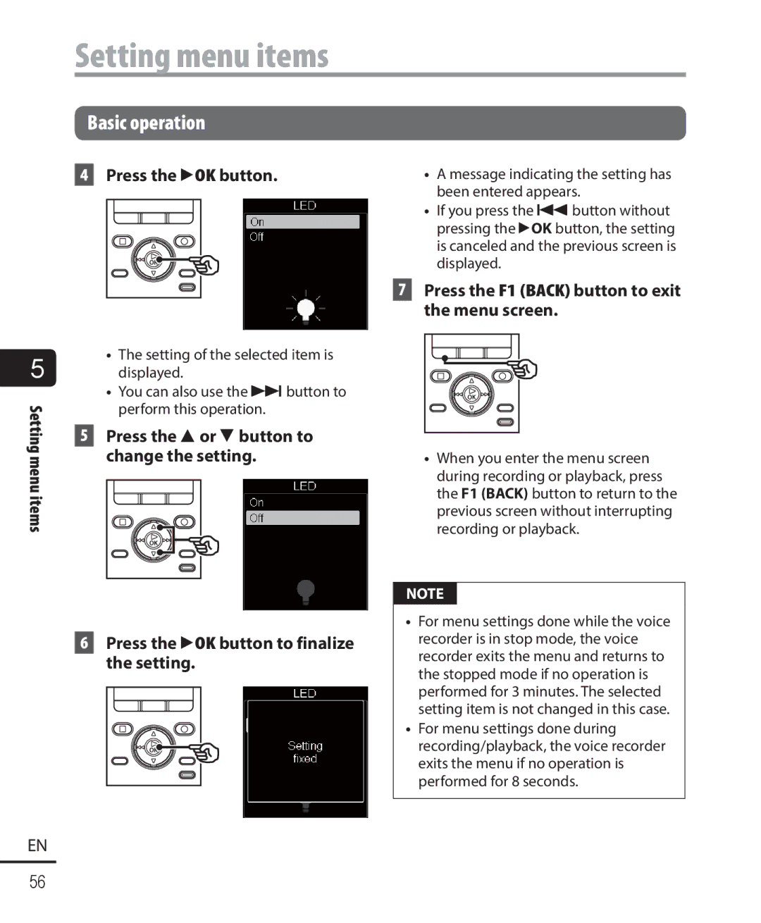 Olympus DM-901 user manual Setting menu items 