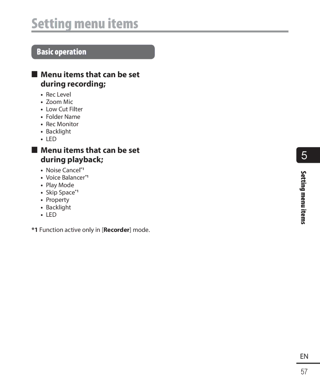 Olympus DM-901 user manual Menu items that can be set during recording, Menu items that can be set during playback 