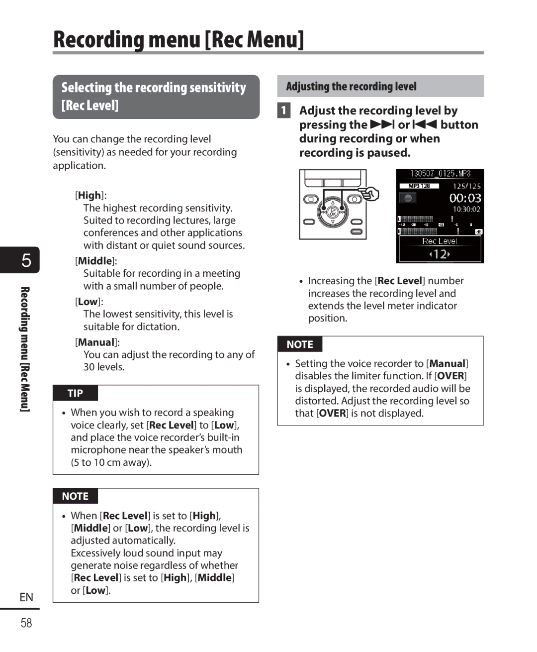 Olympus DM-901 user manual Recording menu Rec Menu, Selecting the recording sensitivity Rec Level 