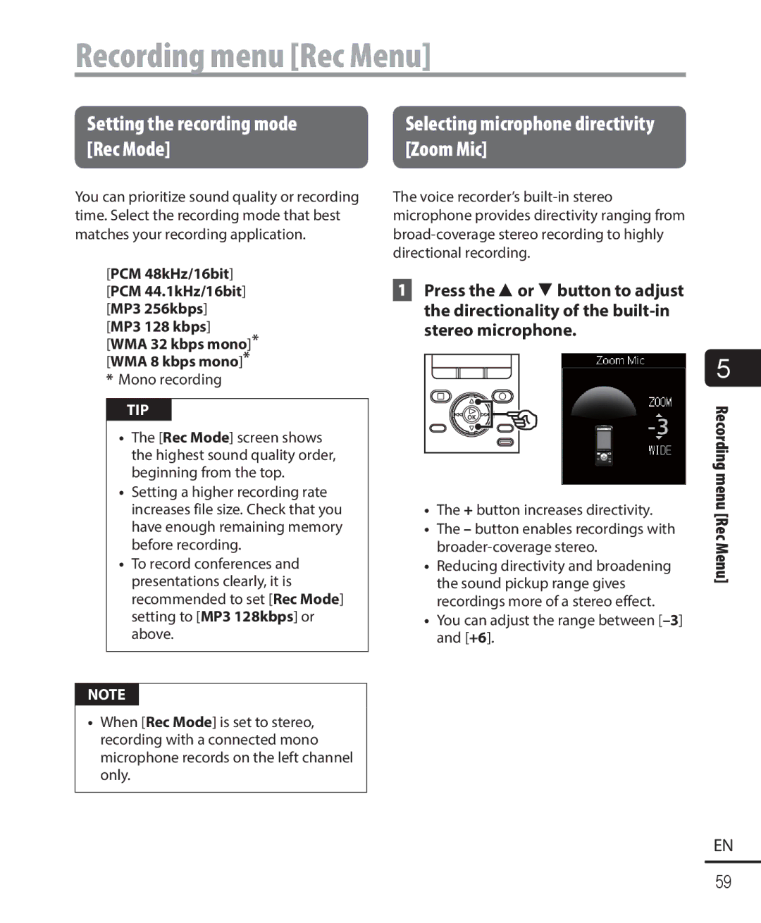 Olympus DM-901 user manual Recording menu Rec Menu, Setting the recording mode, Rec Mode Zoom Mic, Mono recording 