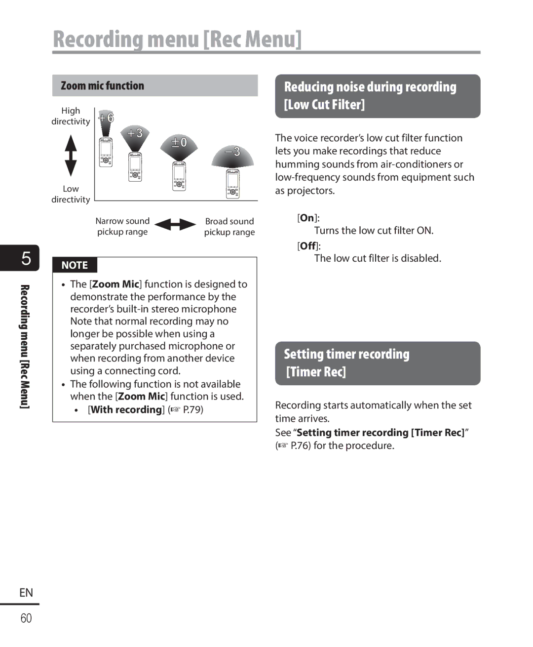 Olympus DM-901 user manual Recording menu Rec Menu Zoom mic function, With recording P.79 