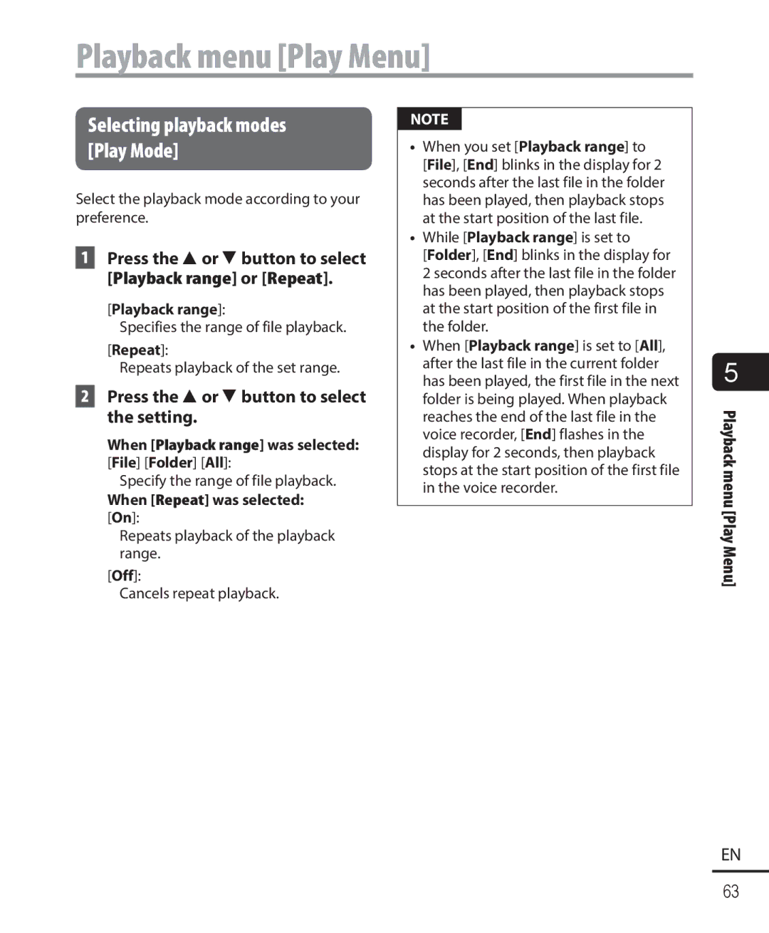 Olympus DM-901 Playback menu Play Menu, Selecting playback modes Play Mode, Press the 2or 3button to select the setting 