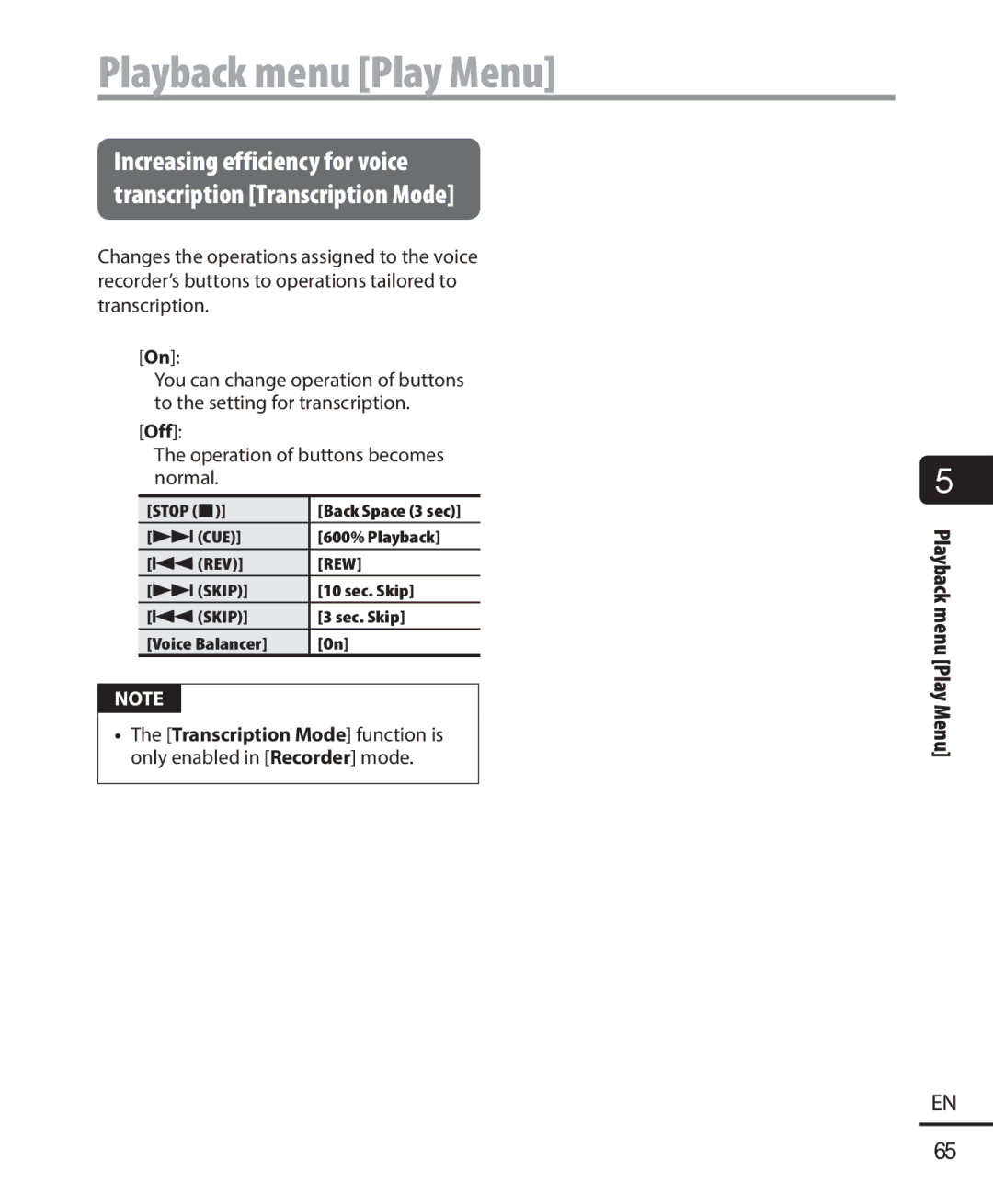 Olympus DM-901 user manual Off Operation of buttons becomes normal, Stop Back Space 3 sec 9CUE 600% Playback 0REV 