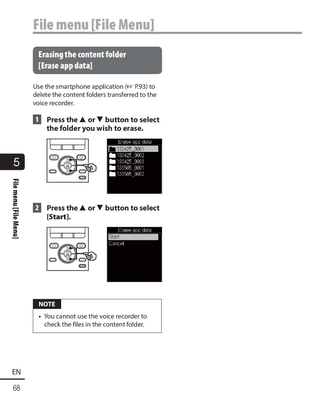 Olympus DM-901 Press the 2or 3button to select Start, Press the 2or 3button to select the folder you wish to erase 