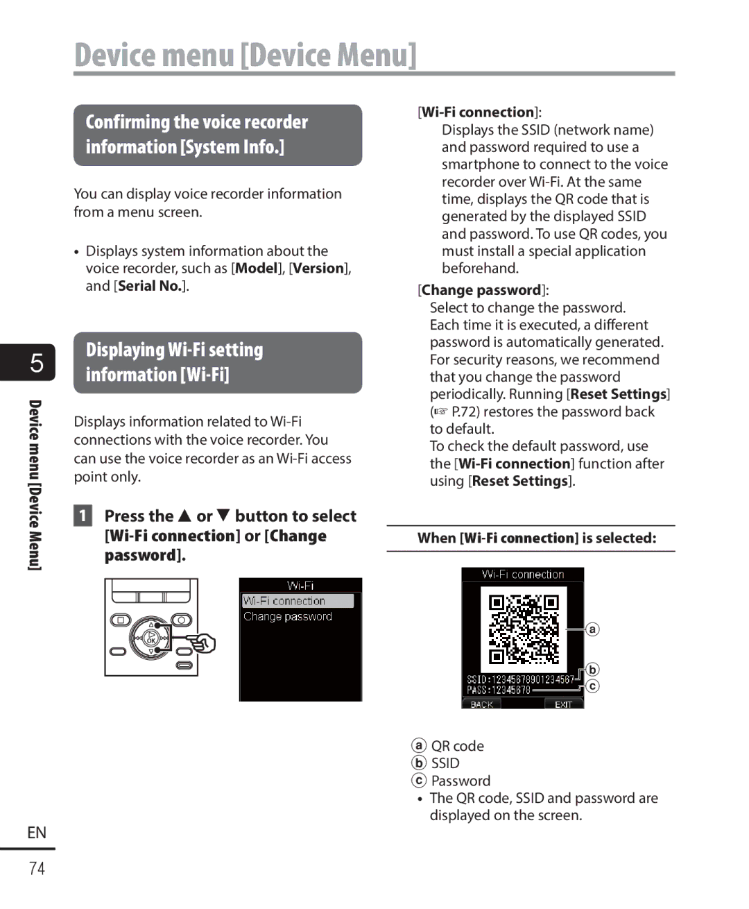 Olympus DM-901 user manual Change password, When Wi-Fi connection is selected 