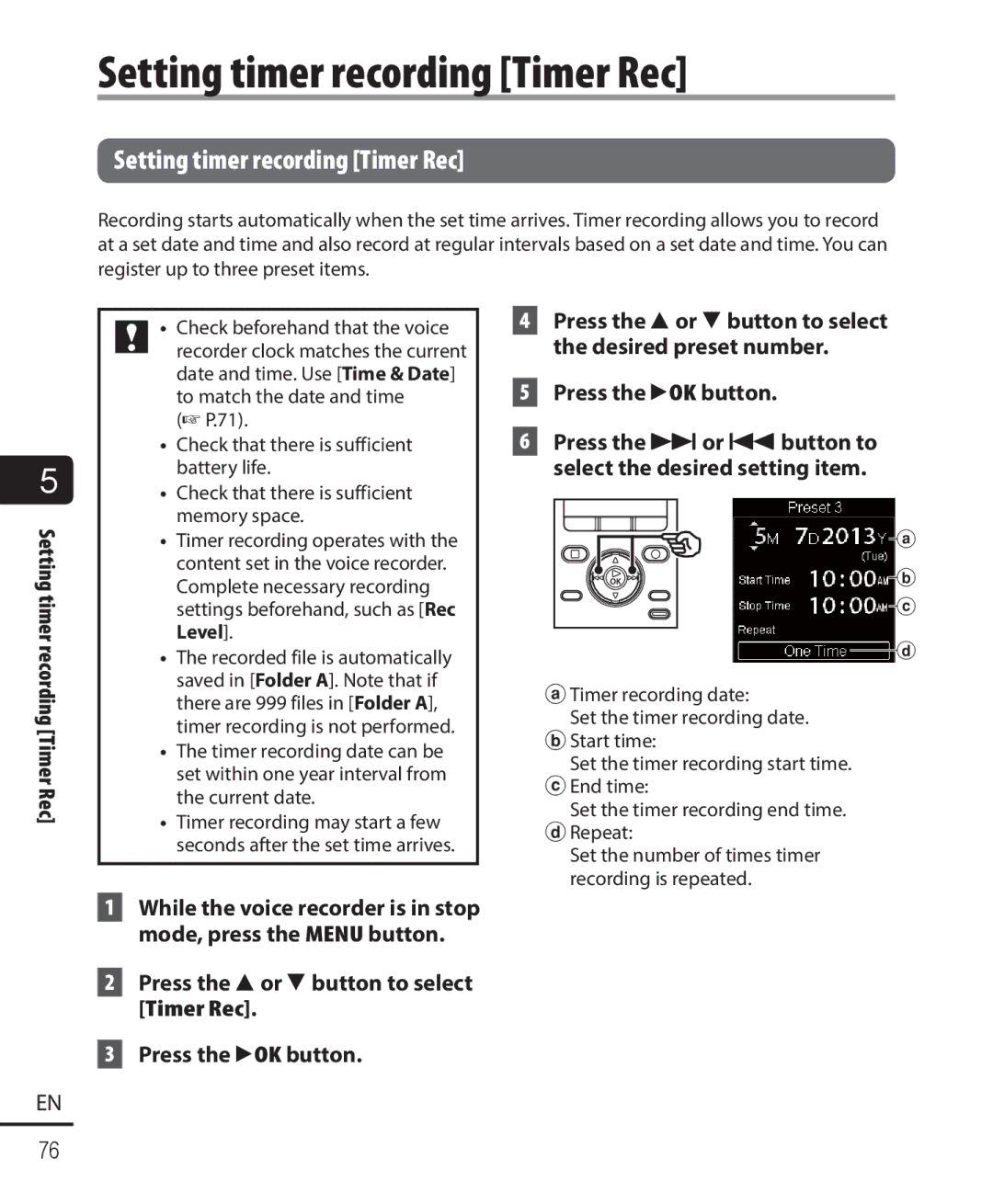 Olympus DM-901 user manual Setting timer recording Timer Rec, Press the 2or 3button to select the desired preset number 