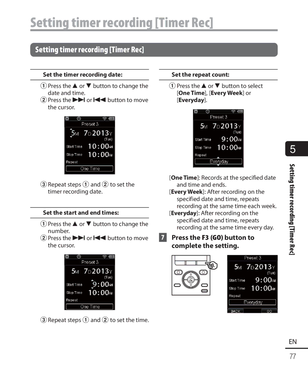 Olympus DM-901 user manual Setting timer recording Timer Rec, Set the timer recording date, Set the start and end times 