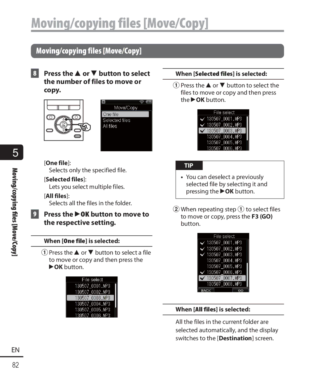 Olympus DM-901 user manual Moving/copying files Move/Copy 