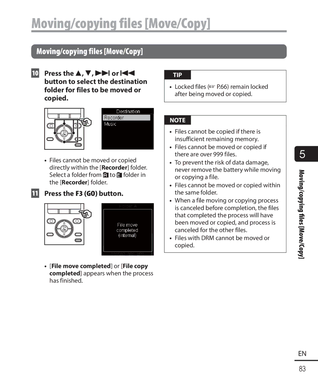 Olympus DM-901 user manual Press the F3 GO button, Files with DRM cannot be moved or copied 