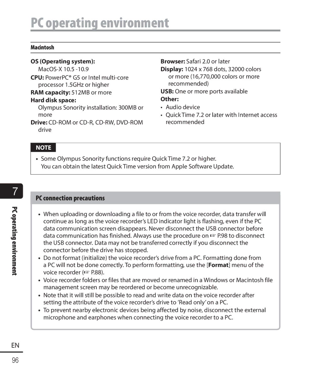 Olympus DM-901 user manual PC operating environment, PC connection precautions 