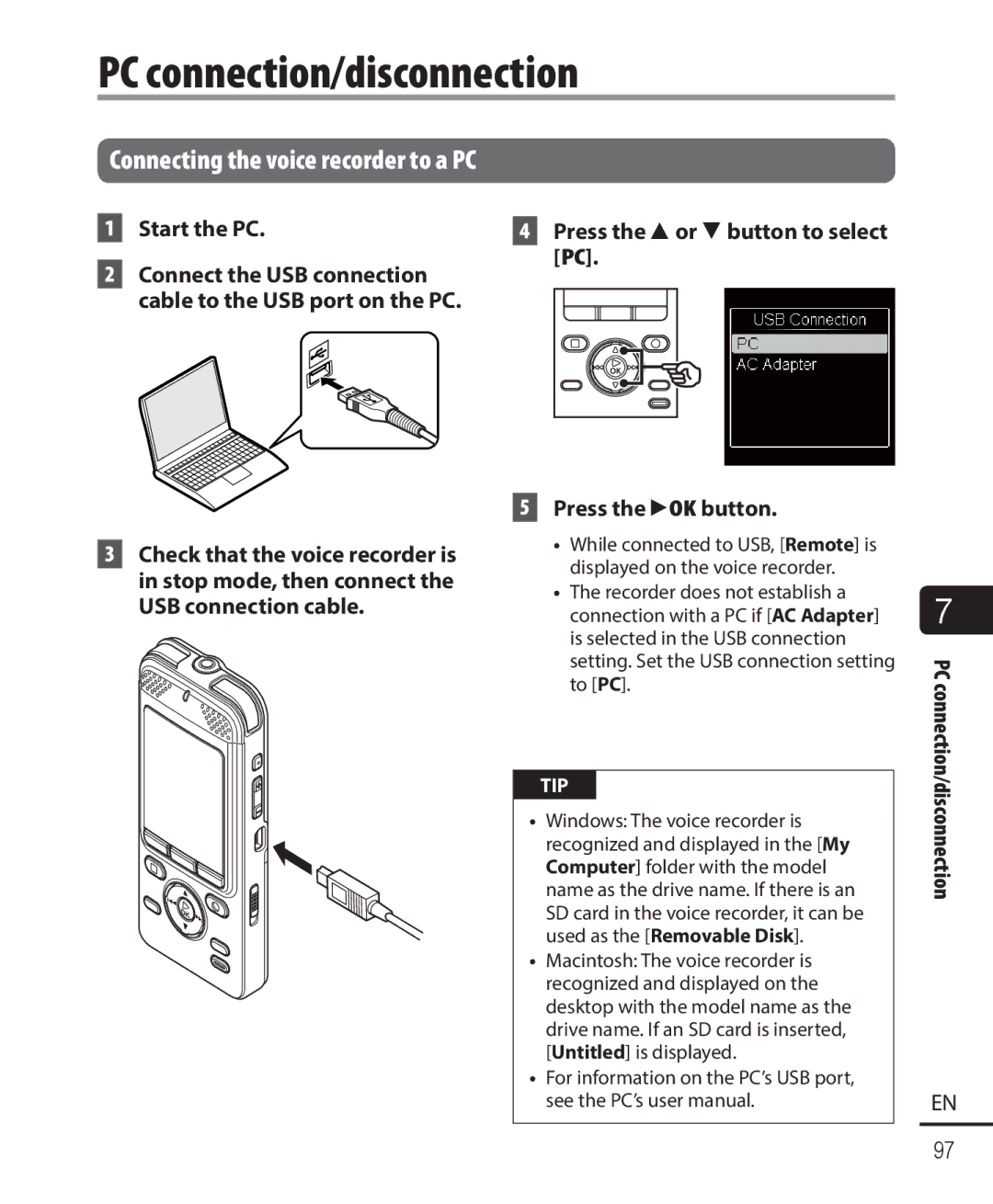 Olympus DM-901 user manual PC connection/disconnection, Press the 2or 3button to select PC Press the `OK button 