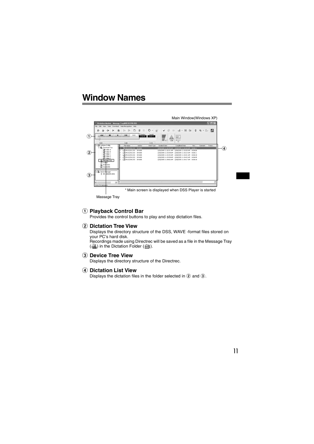 Olympus DR-1000 manual Window Names, Dictation Tree View 