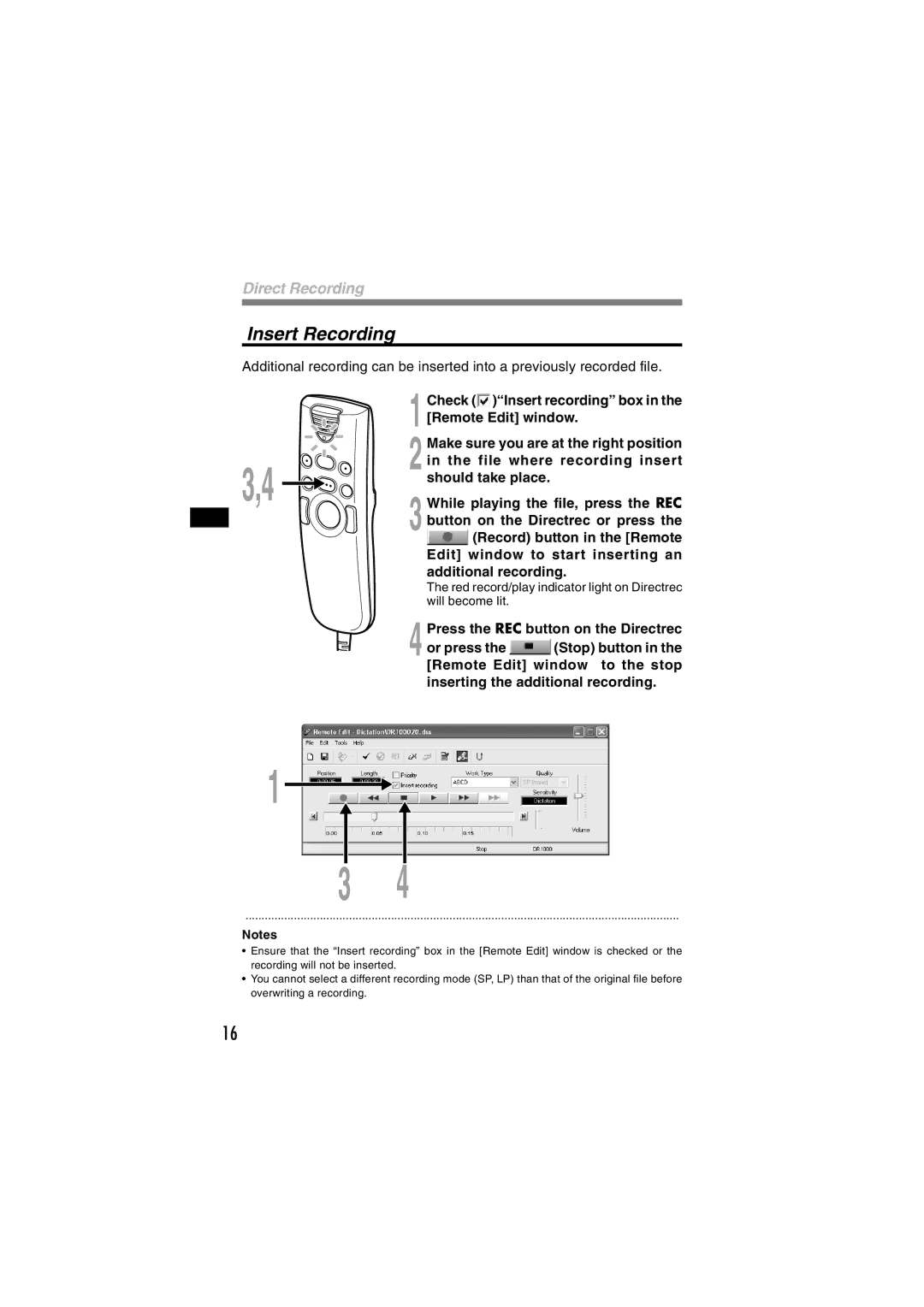 Olympus DR-1000 manual Insert Recording, Check Insert recording box, Make sure you are at the right position 