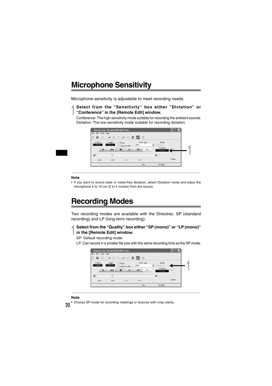 Olympus DR-1000 manual Microphone Sensitivity, Recording Modes 