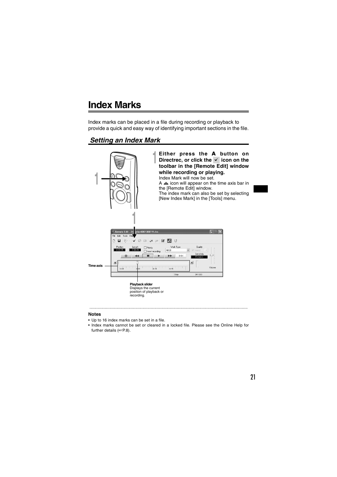 Olympus DR-1000 manual Index Marks, Setting an Index Mark 