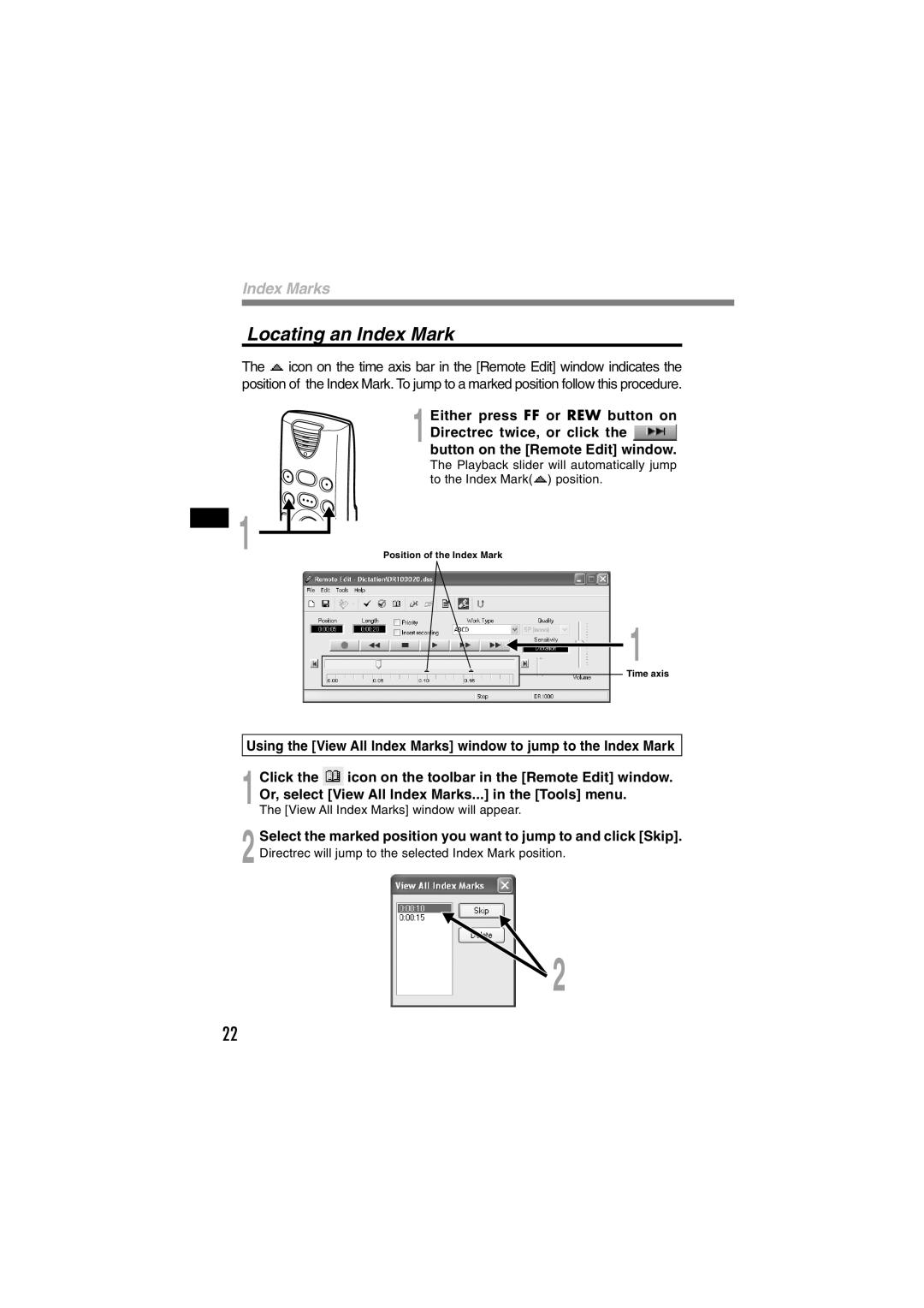 Olympus DR-1000 manual Locating an Index Mark 