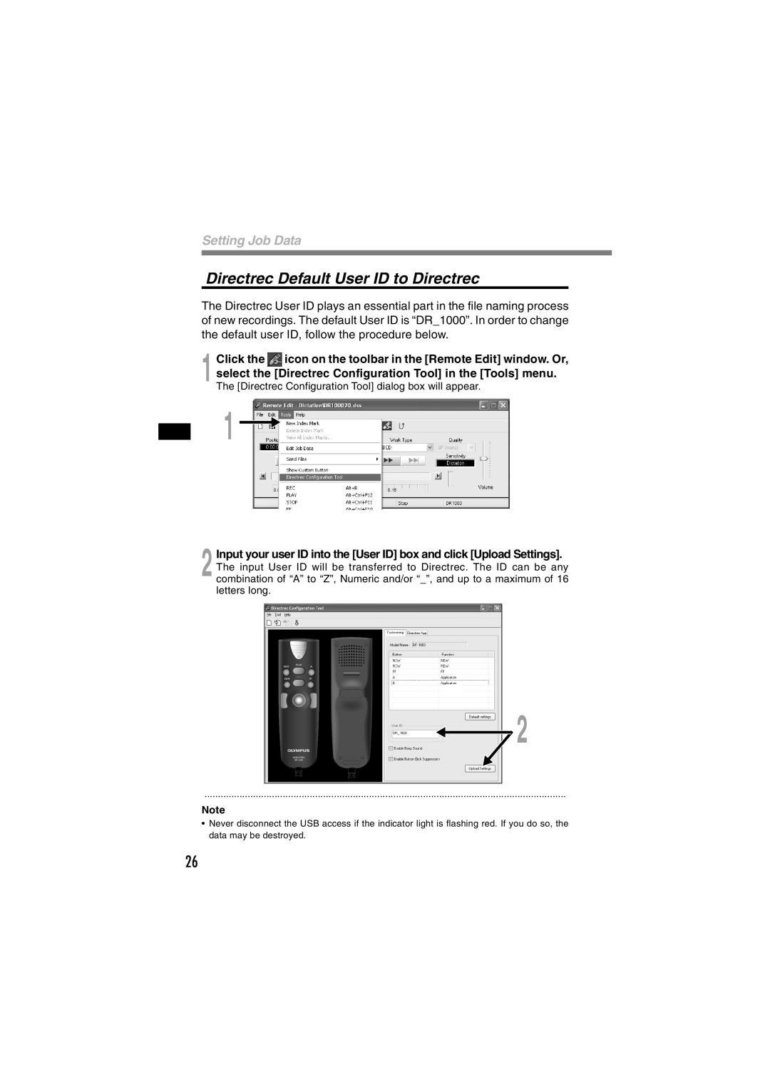 Olympus DR-1000 manual Directrec Default User ID to Directrec 