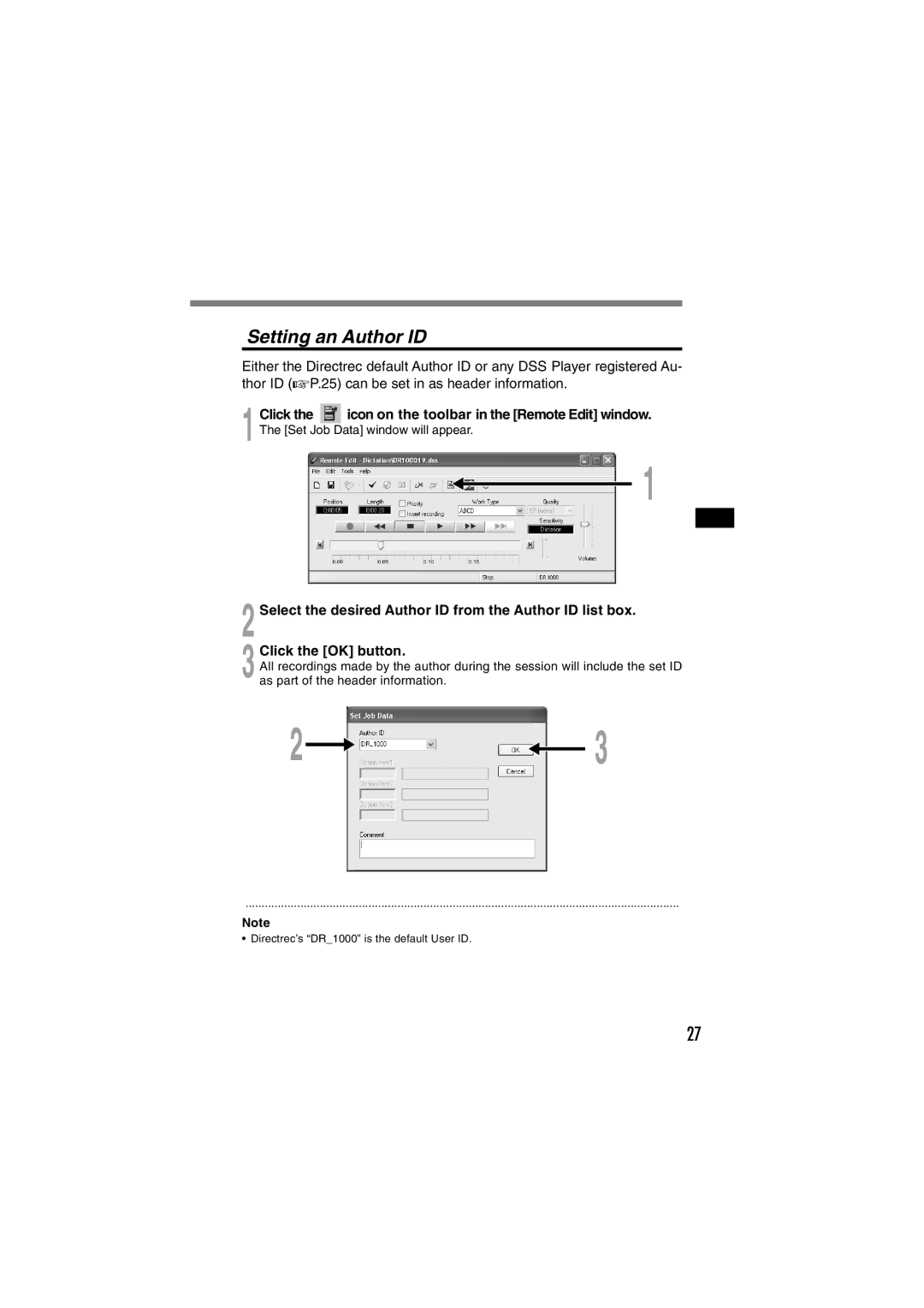 Olympus DR-1000 manual Setting an Author ID 