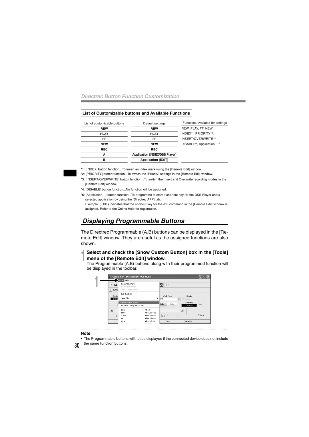 Olympus DR-1000 manual Displaying Programmable Buttons, Directrec Button Function Customization 