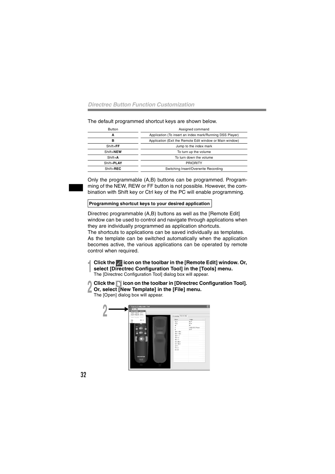 Olympus DR-1000 manual Default programmed shortcut keys are shown below 