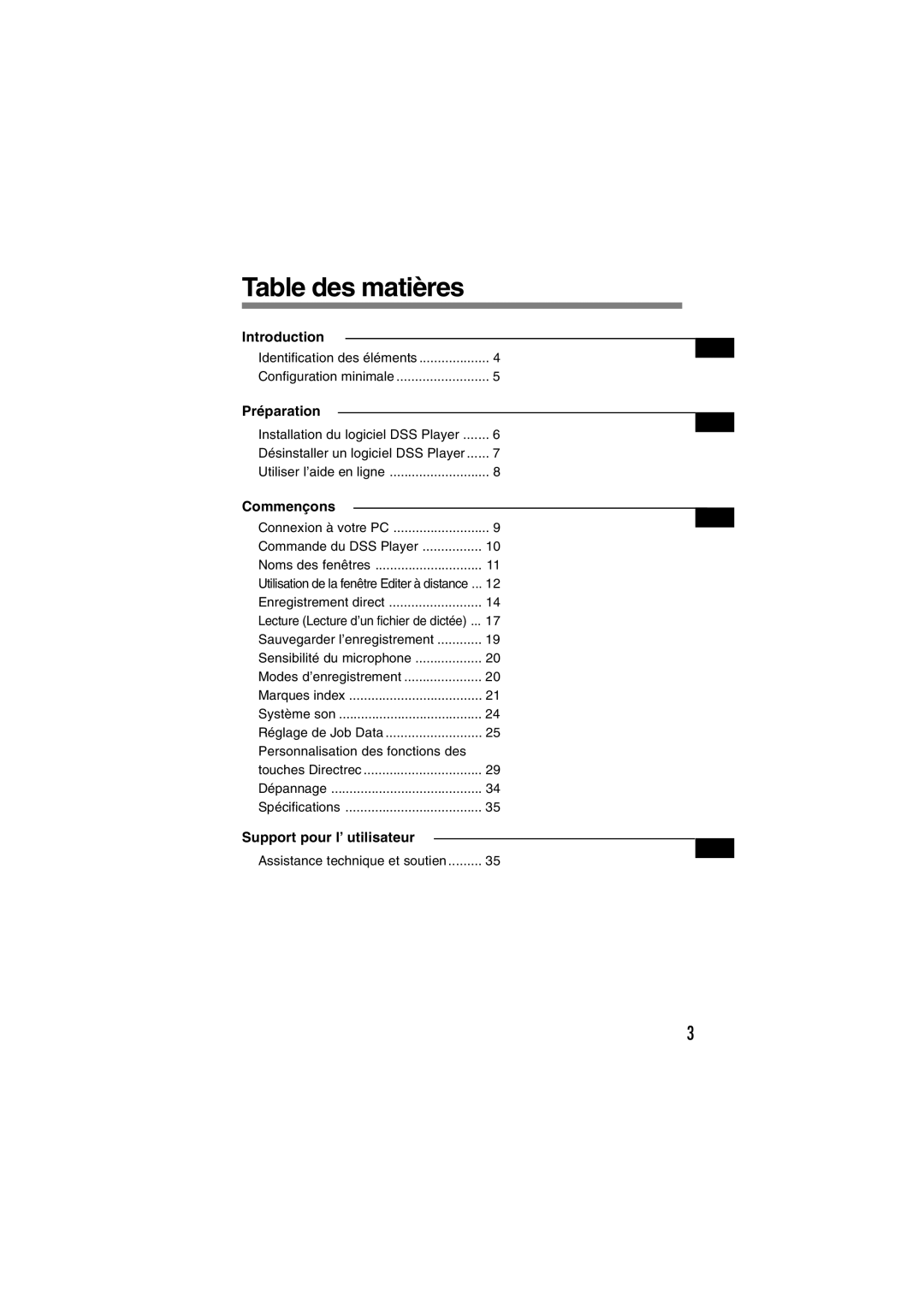 Olympus DR-1000 manual Table des matières, Préparation, Commençons, Support pour l’ utilisateur 