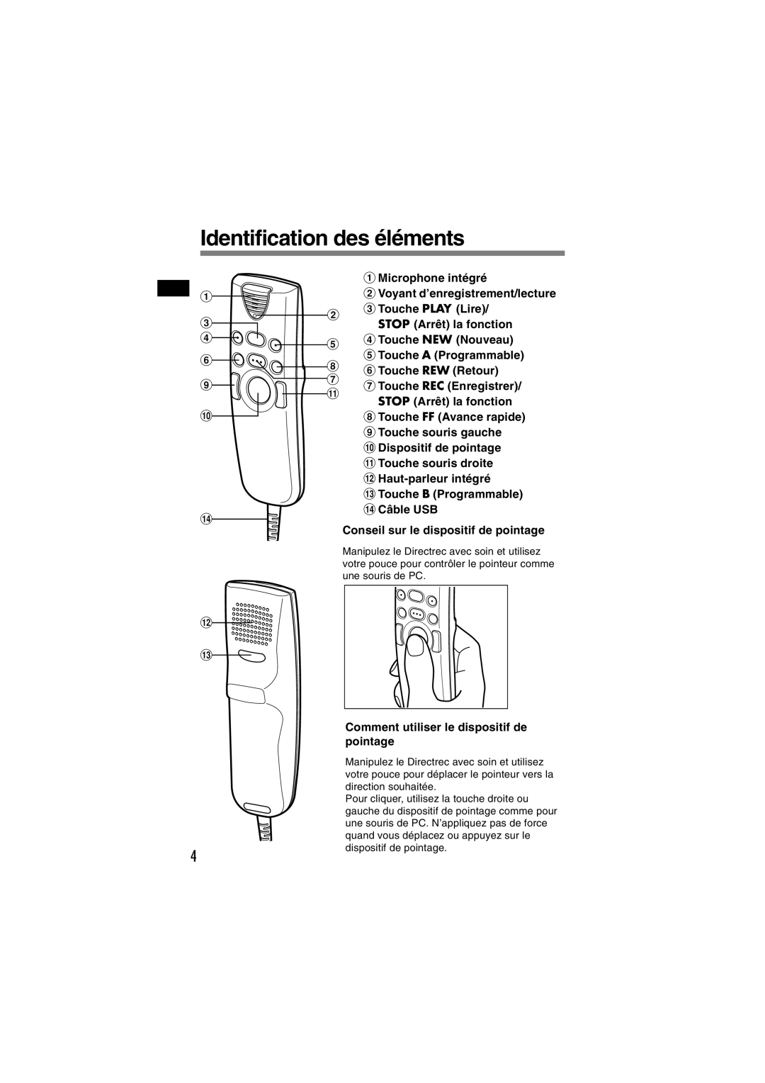 Olympus DR-1000 manual Identification des éléments, Comment utiliser le dispositif de pointage 