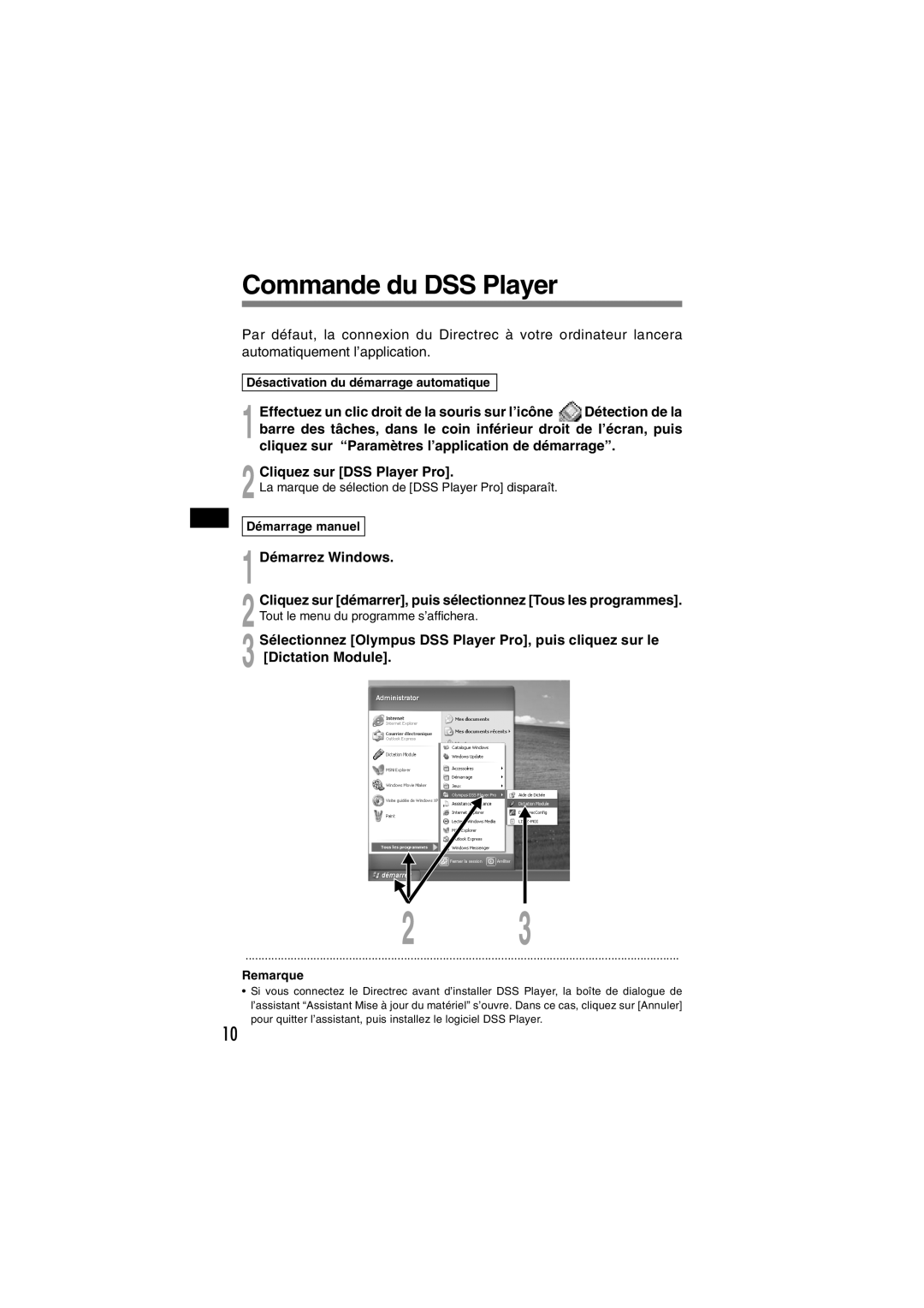 Olympus DR-1000 manual Commande du DSS Player, Démarrez Windows 