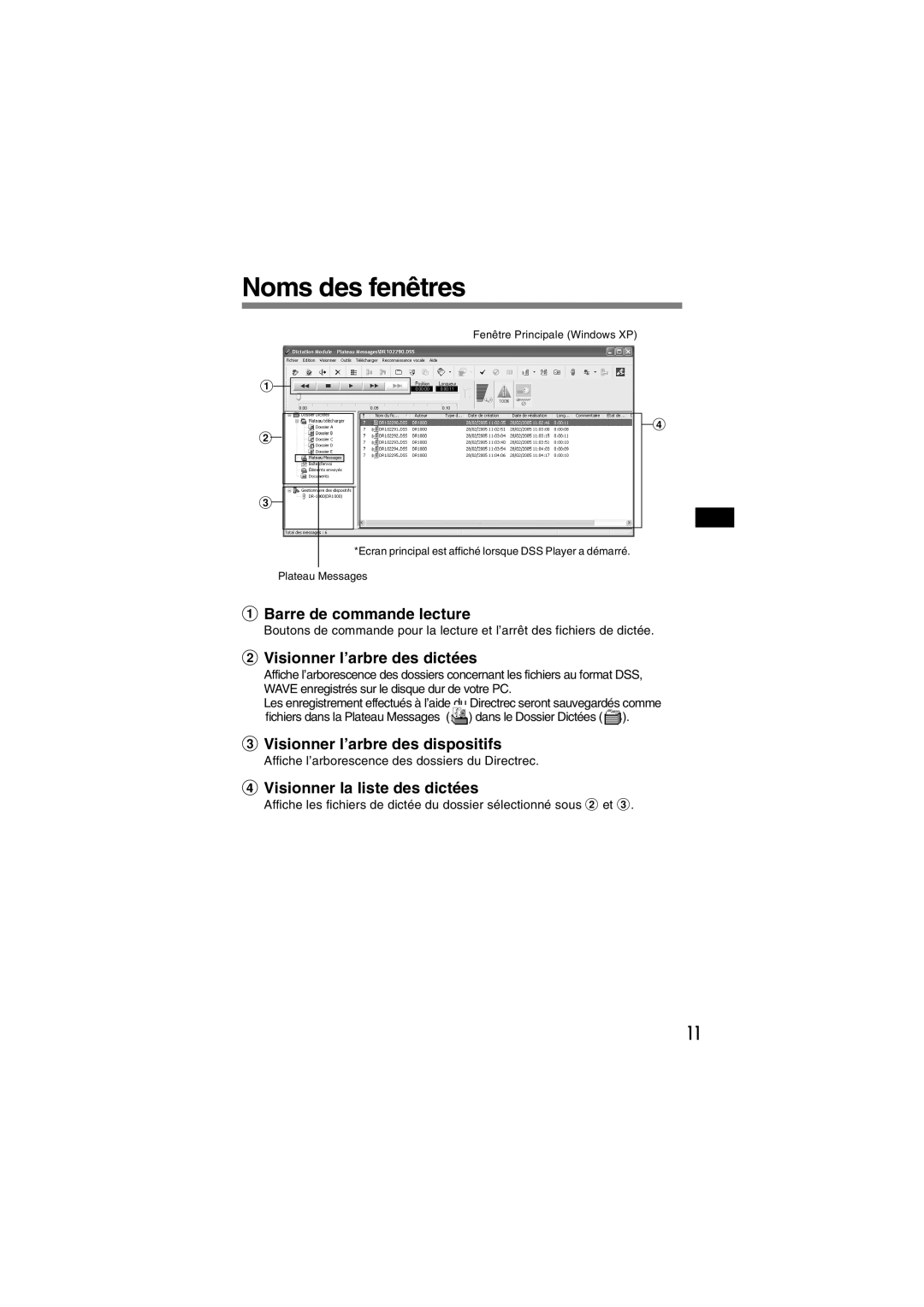 Olympus DR-1000 manual Noms des fenêtres, Visionner l’arbre des dictées 