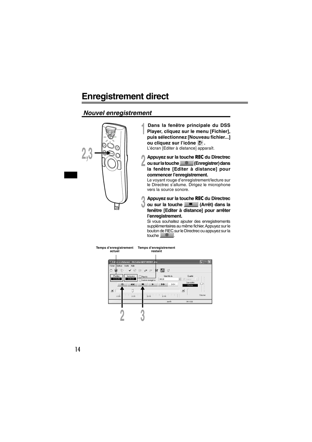 Olympus DR-1000 manual Enregistrement direct, Nouvel enregistrement 