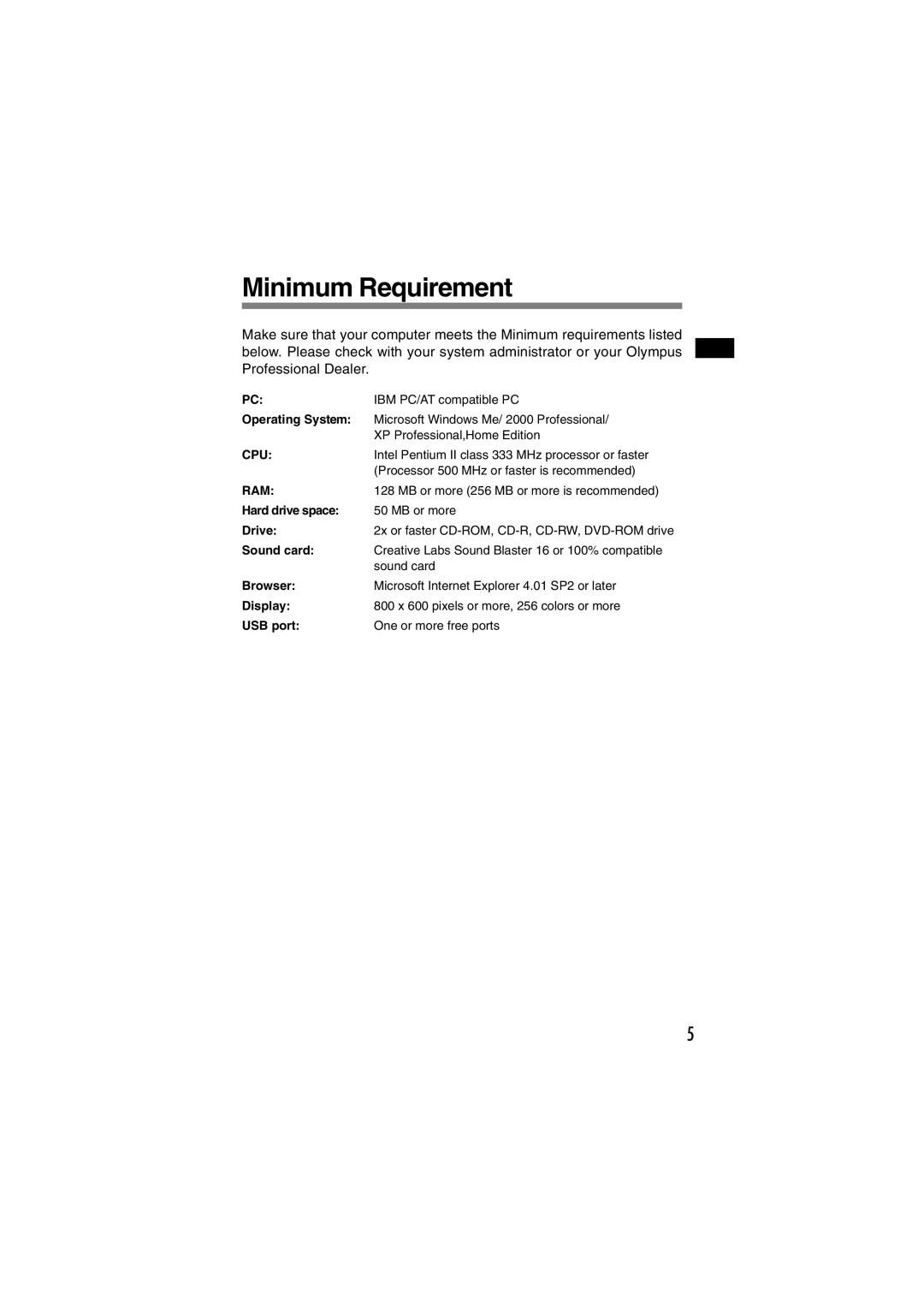 Olympus DR-1000 manual Minimum Requirement, Cpu 