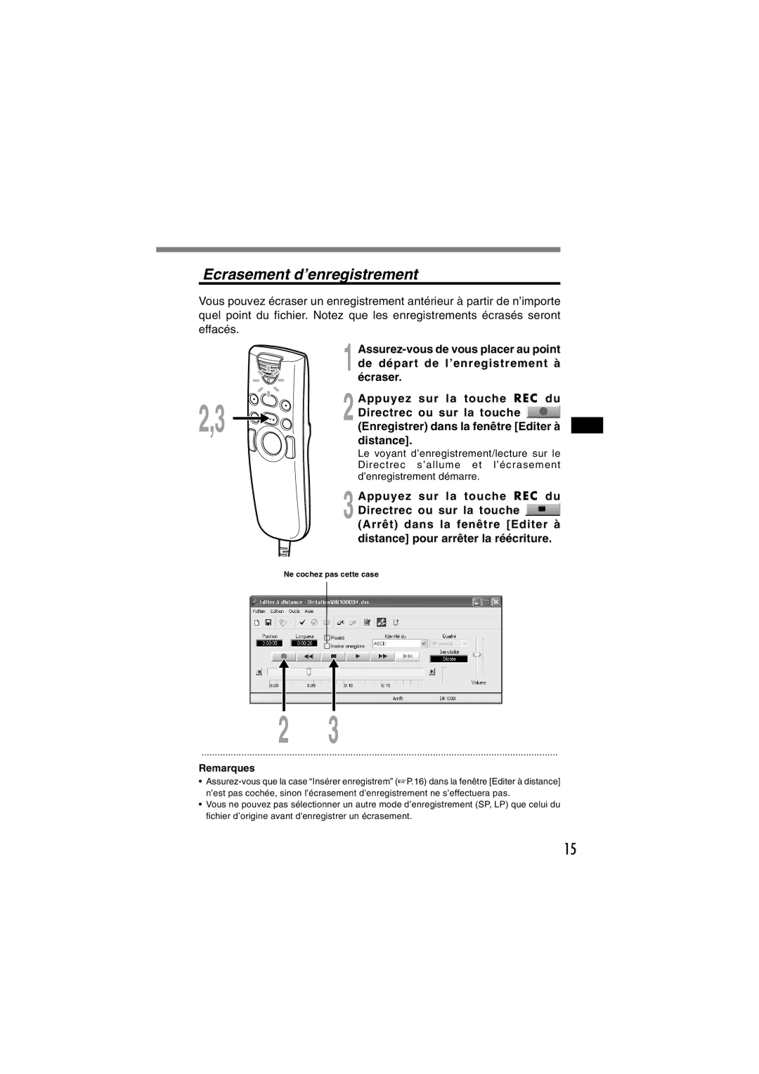 Olympus DR-1000 manual Ecrasement d’enregistrement 