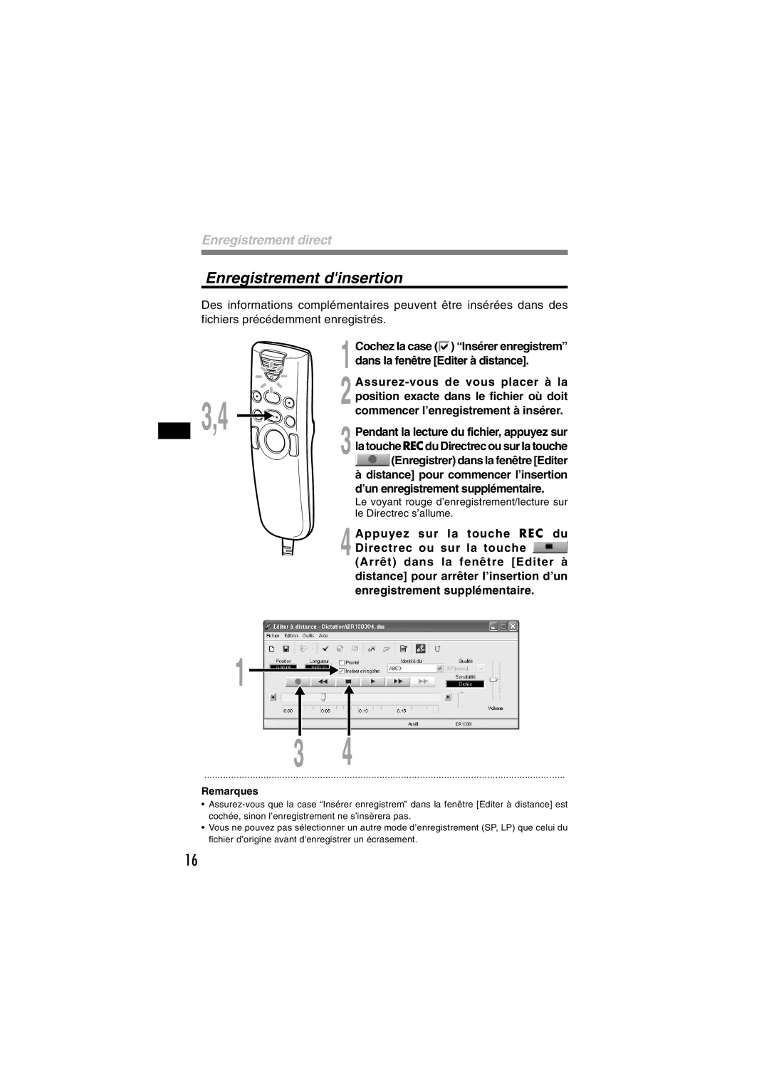 Olympus DR-1000 manual Enregistrement dinsertion 