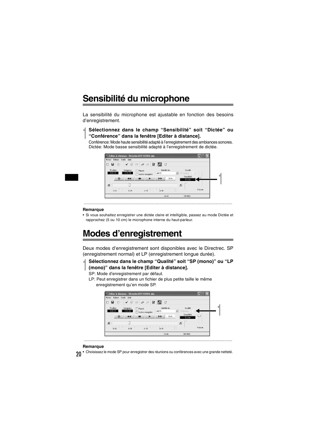 Olympus DR-1000 manual Sensibilité du microphone, Modes d’enregistrement 