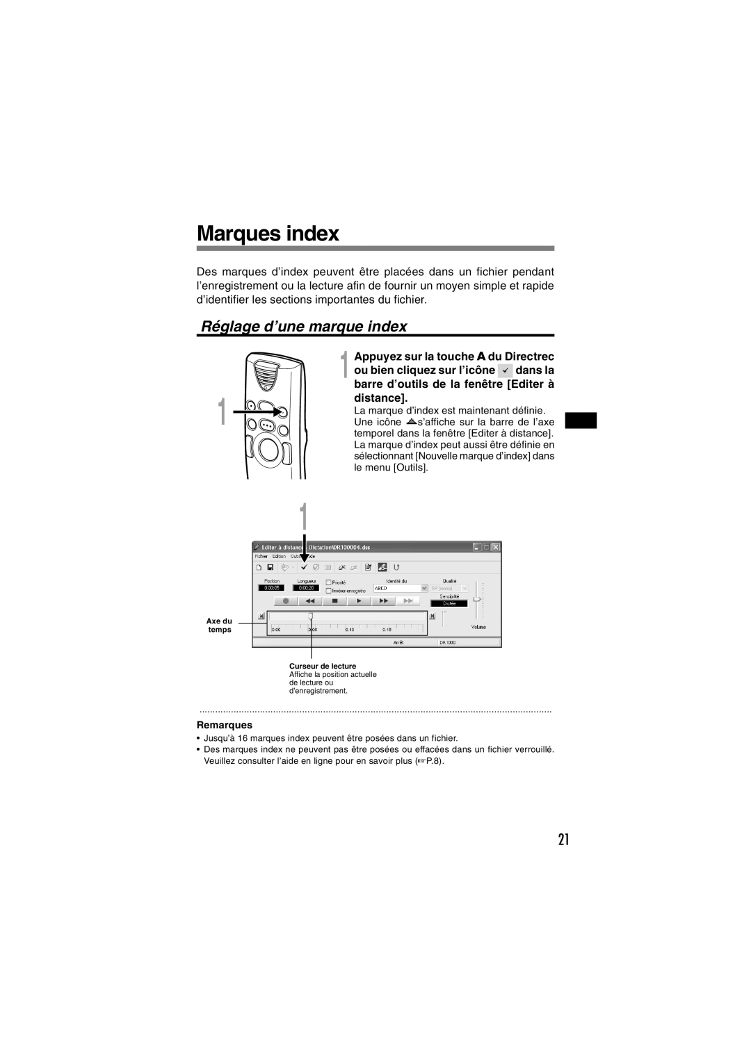 Olympus DR-1000 manual Marques index, Réglage d’une marque index 