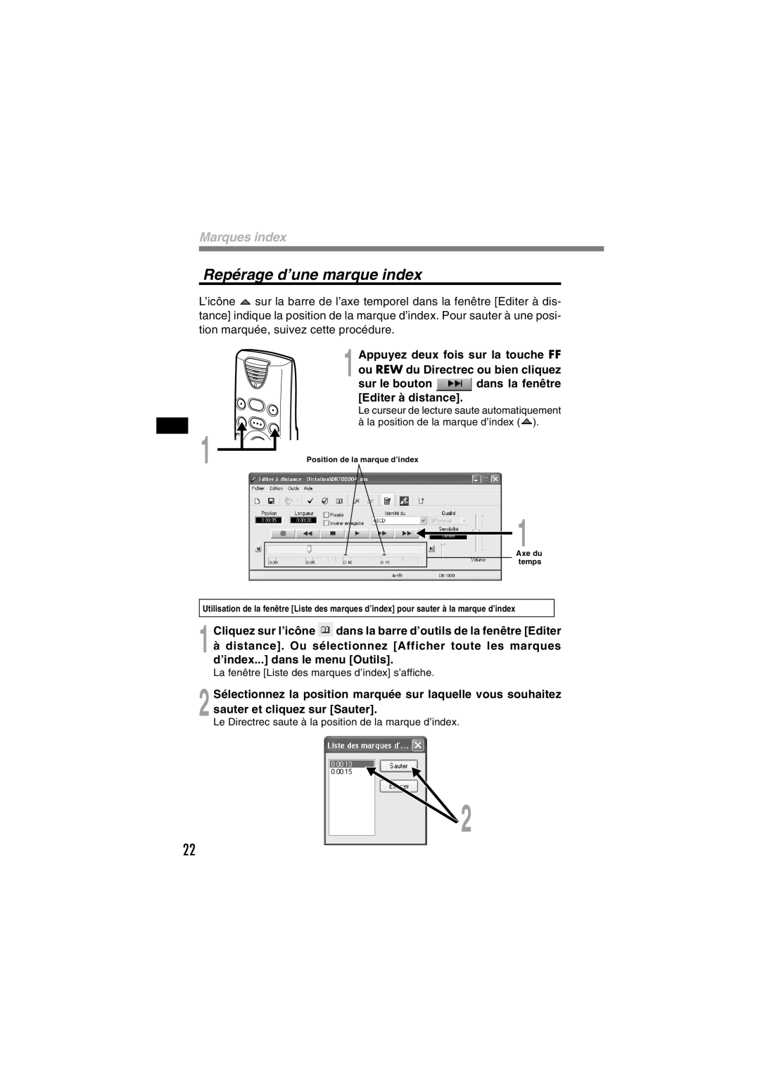 Olympus DR-1000 manual Repérage d’une marque index 