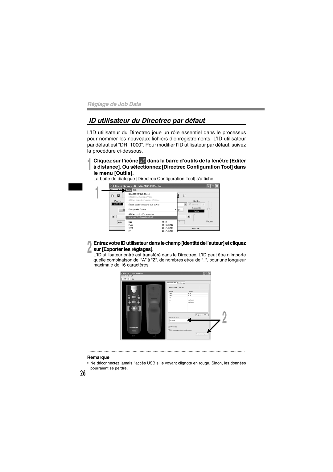 Olympus DR-1000 manual ID utilisateur du Directrec par défaut 