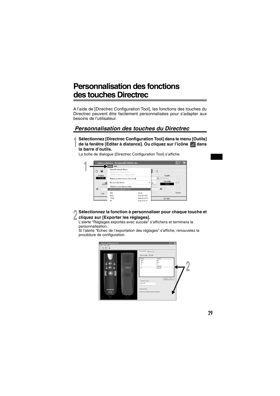 Olympus DR-1000 manual Personnalisation des fonctions des touches Directrec, Personnalisation des touches du Directrec 