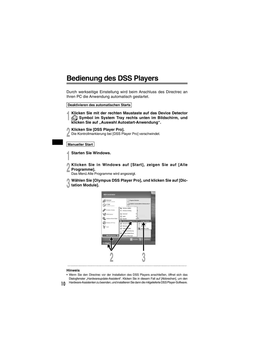 Olympus DR-1000 manual Bedienung des DSS Players 