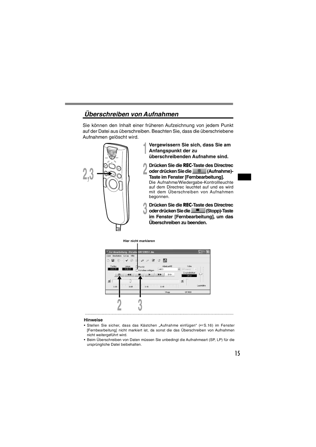 Olympus DR-1000 manual Überschreiben von Aufnahmen 