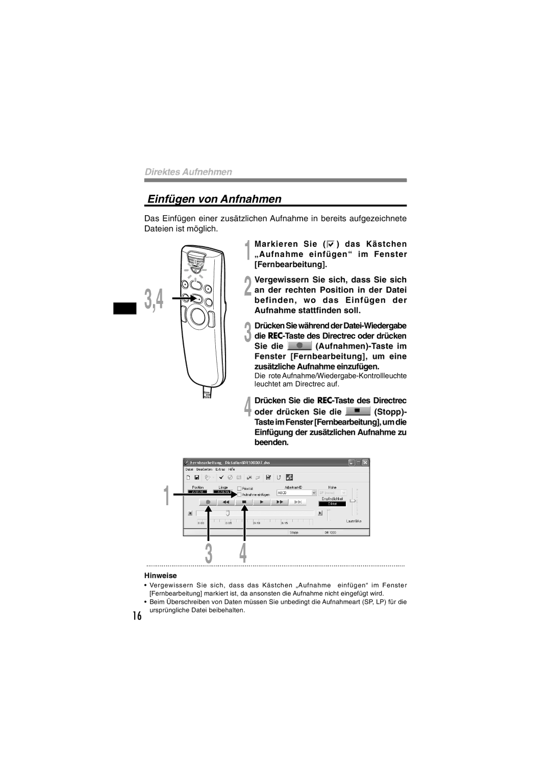 Olympus DR-1000 manual Einfügen von Anfnahmen 